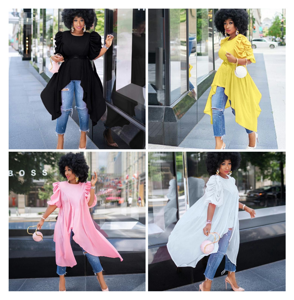 Top Irregular Fashion Blouse Ruched Sleeves Back Slit