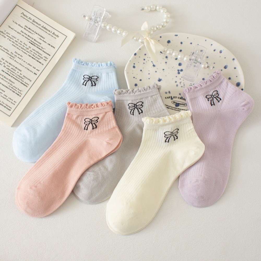 Cute Bow Print R Sock Set, Pastel Color Co Style Ankle Socks, Women's Sweet Ribbed Knit Socks For Casual & Daily Wear