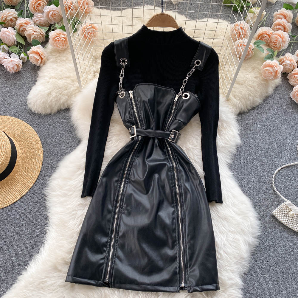 Double Zipper Leather Skirt Layered With Knitted Sweater Two-piece Suit