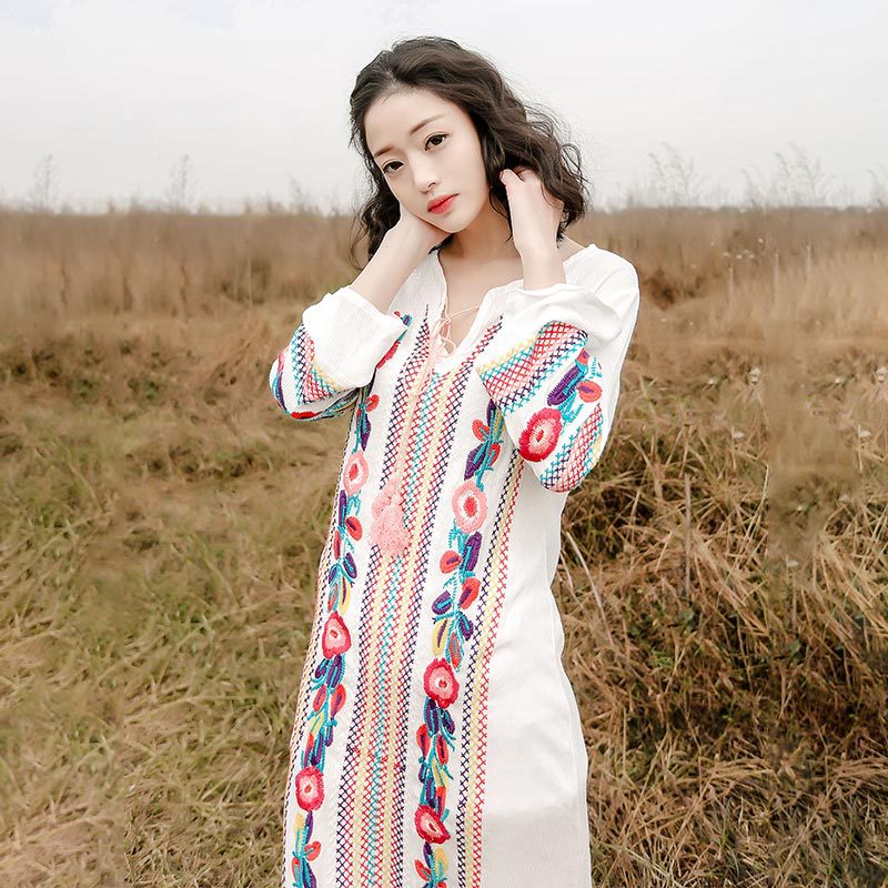 Embroidered Fringed V-Neck Dress, picture 2 of 5