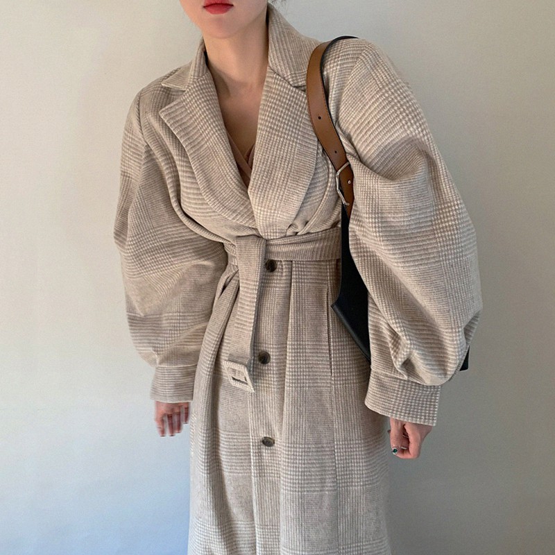 Suit Collar Single-breasted Lace-up Waist Lantern Sleeves