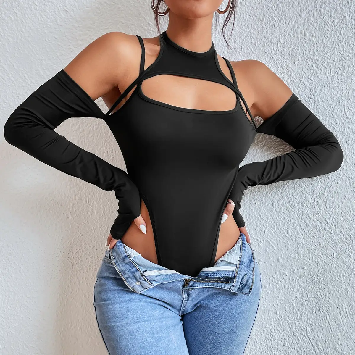 Women's Design Sense Finger Slings Halter Neck Jumpsuit