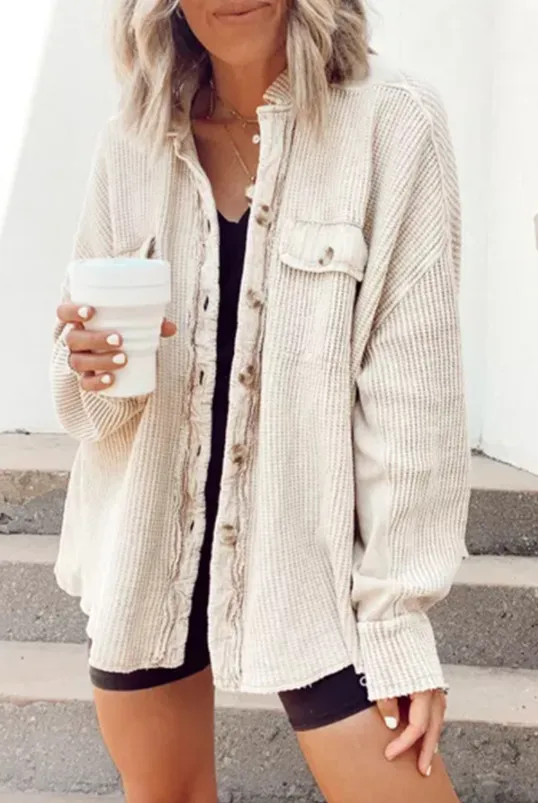 Casual Lapel Pocket Stitching Irregular Shirt Jacket Apricot - Shop at LoveMi