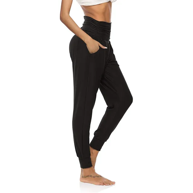 Pants With Pattern Pockets Casual High waisted Leggings Color Loose Casual Leggings Black - Shop at LoveMi