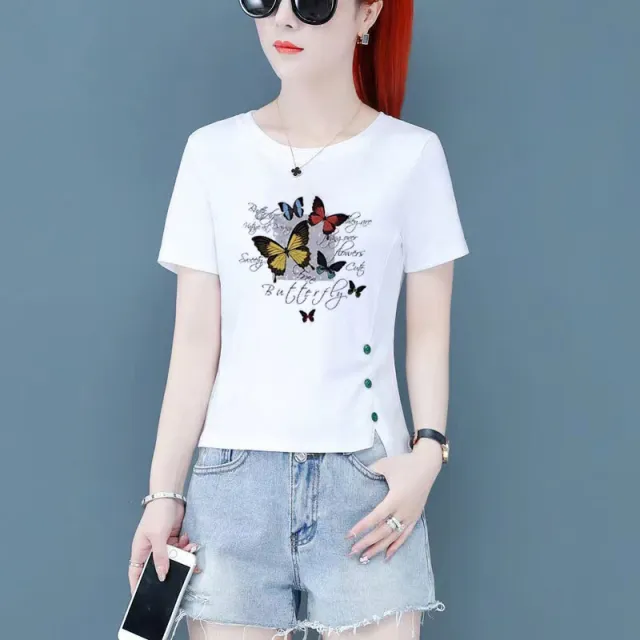 Printed Butterfly Button Loose Irregular Short Sleeves Multi Butterfly Buttons - Shop at LoveMi