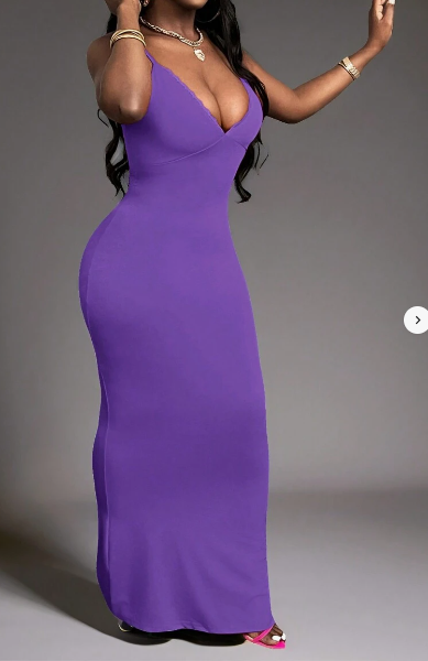 Elegant Spaghetti Strap Fitted Fuchsia Long Low-Cut Lace Trim Dress For Women