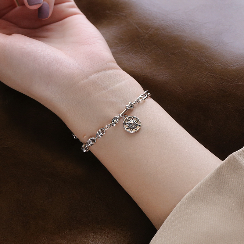 Eight-pointed Star Bracelet With Asymmetric Chain In Sterling Silver
