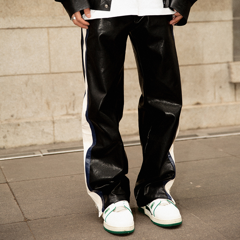 Title 5, Mens Striped Leather Pants, Loose and Straight...