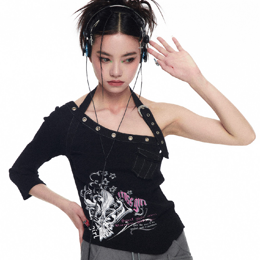 Title 1, One Shoulder Mid Sleeve Neck Hanging T-shirt