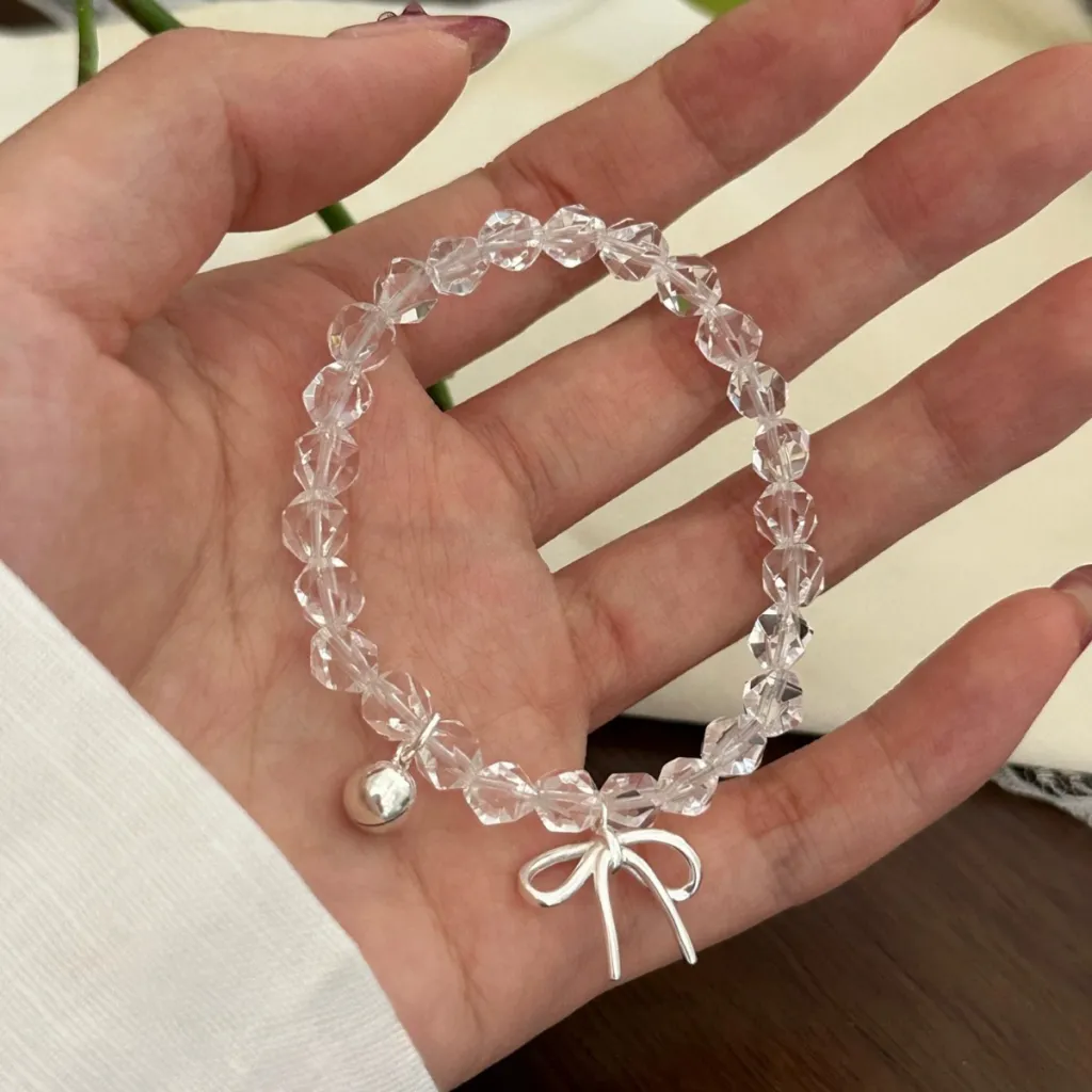 Y2K Transparent Crystal Bow Pendant Bracelet For Women Sweet Irregular Elastic Handmade Bead Bracelet Jewellery Gift - Silver