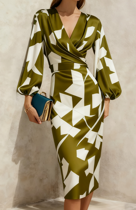 Women's Retro Floral V-Neck Puff Sleeve Slim Fit Dress