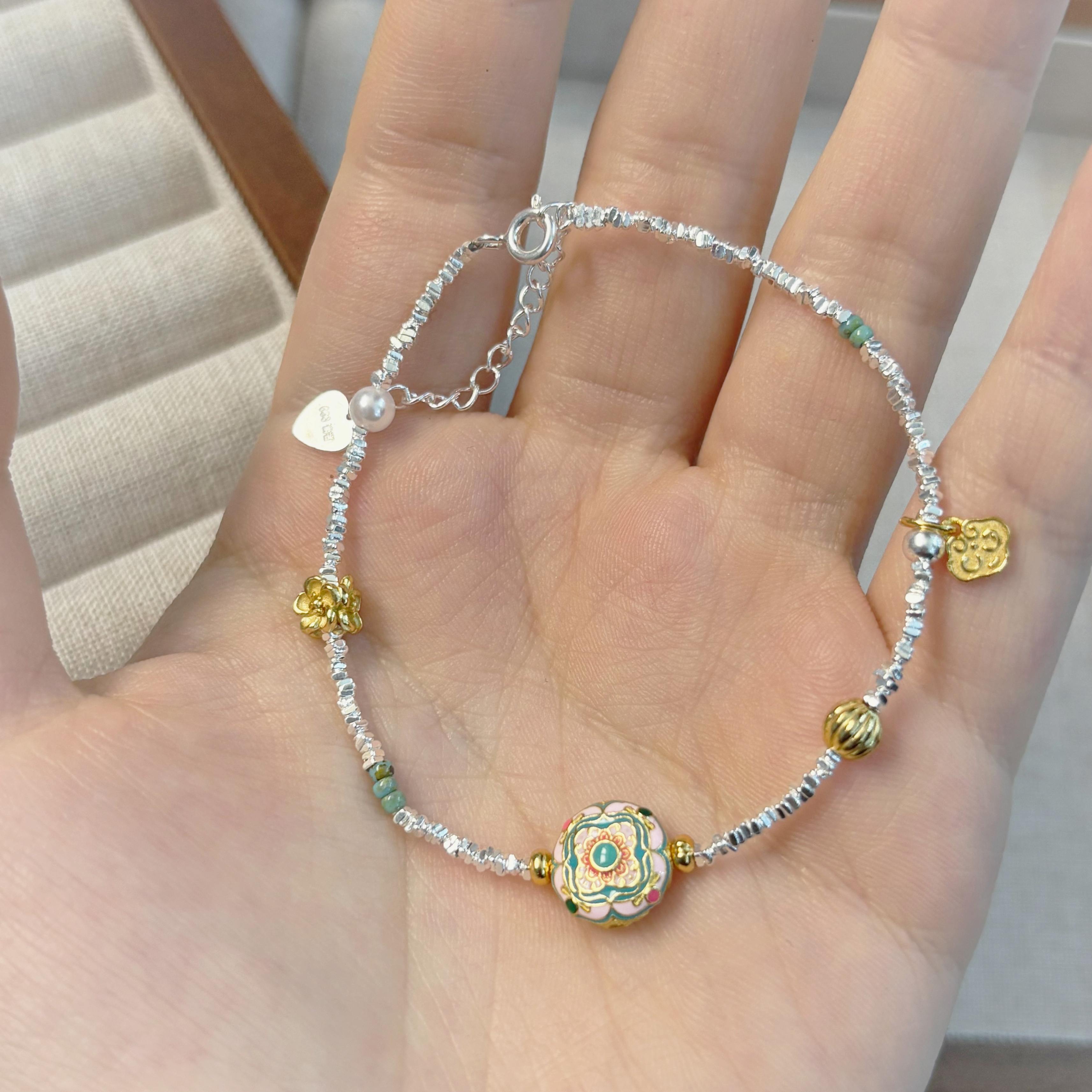 1pc 999 Sterling Silver Enamel Charm Bracelet, Chinese Style, Perfect For Daily Wear And Valentine's Gift
