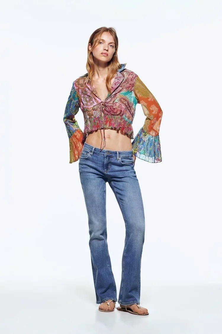 Title 4, Printed Lace-Up Flare Sleeve Cropped Shirt