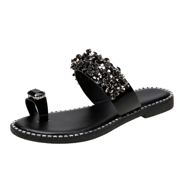 Summer Flat heel All over toe Rhinestone Sandals Sandals Black - Shop at LoveMi