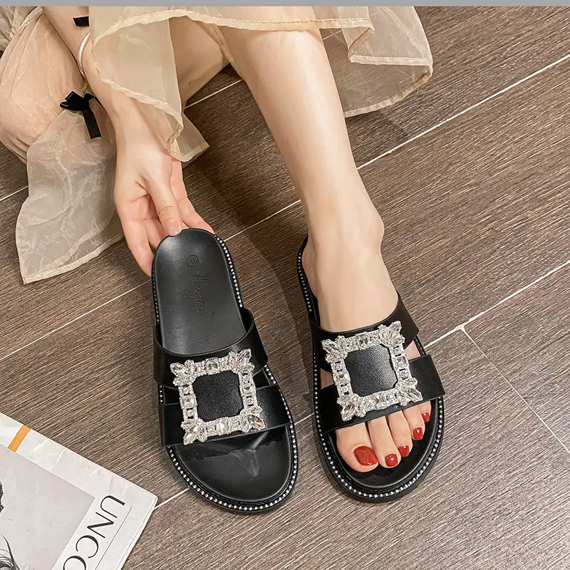 Women's Thick Bottom Rhinestone Square Buckle Toe Slippers