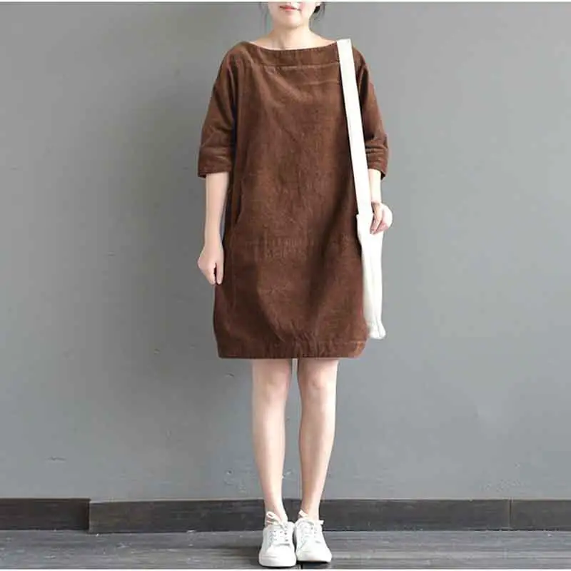 Long Sleeve Cotton And Linen Loose Flax Dress