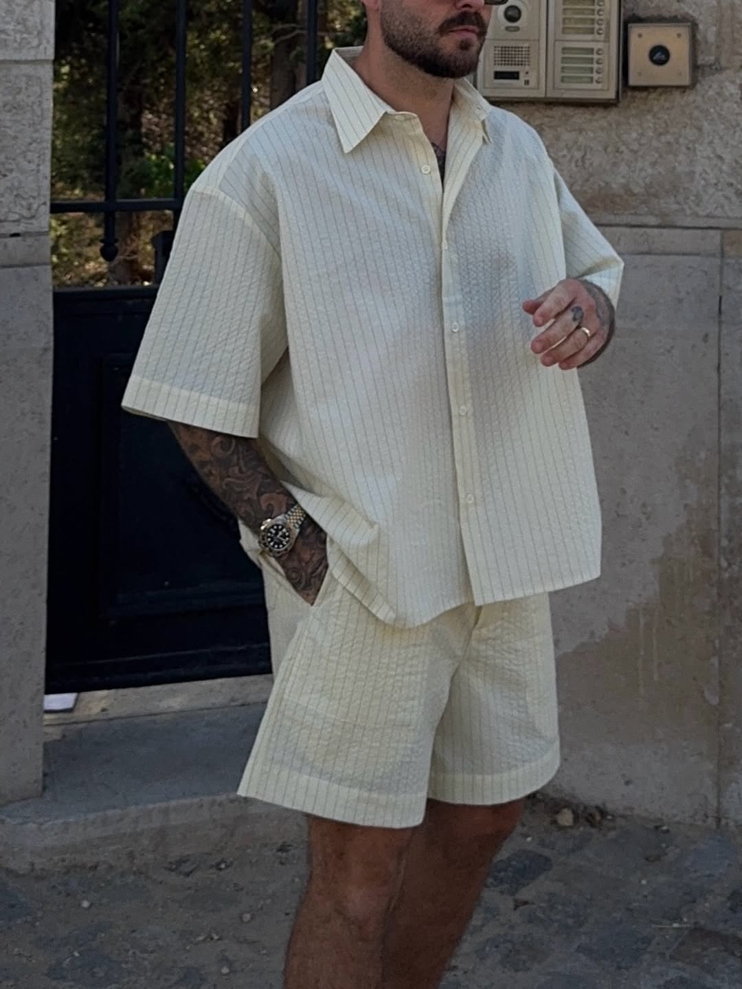 Men's Cream Pinstripe Textured Two-Piece Short Set