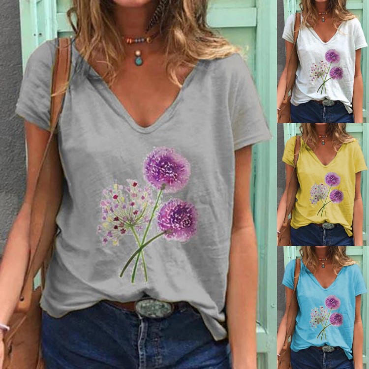 Title 4, Dandelion Print Short-sleeved V-neck T-shirt