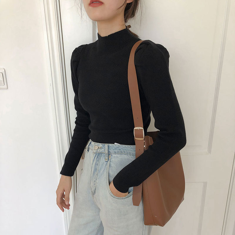 Title 1, Puff Sleeve Half High Neck Knitted Bottoming Shirt