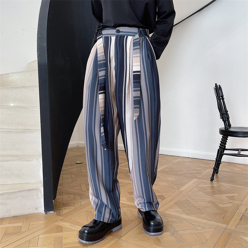 Design Sense Gradient Color Striped Flutter Belt Tied Suit Pants Men