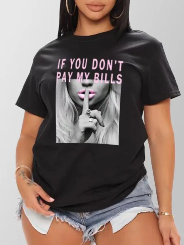 Letter Print T shirt Summer Round Neck Tops Women Black - Shop at LoveMi