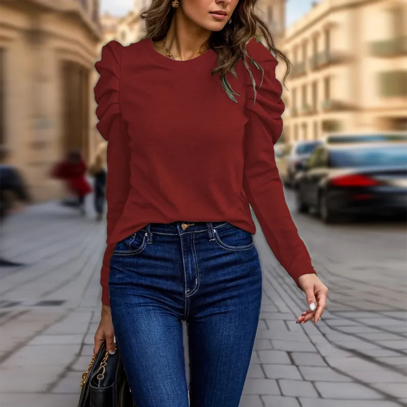 Women's Elegant Puff Sleeve Top, Ruffle Detail Long Sleeve Knit Blouse For Autumn And Winter - Wine Red