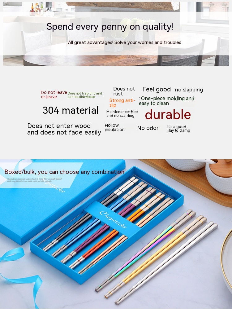 عيدان تناول الطعام من الفولاذ المقاوم للصدأ 304 بتصميم مربع ملون بالليزر للاستخدام المنزلي والمطاعم