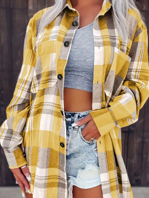 Yellow Plaid Shirt Jacket Blouse Women's Blouse Yellow - Shop at LoveMi