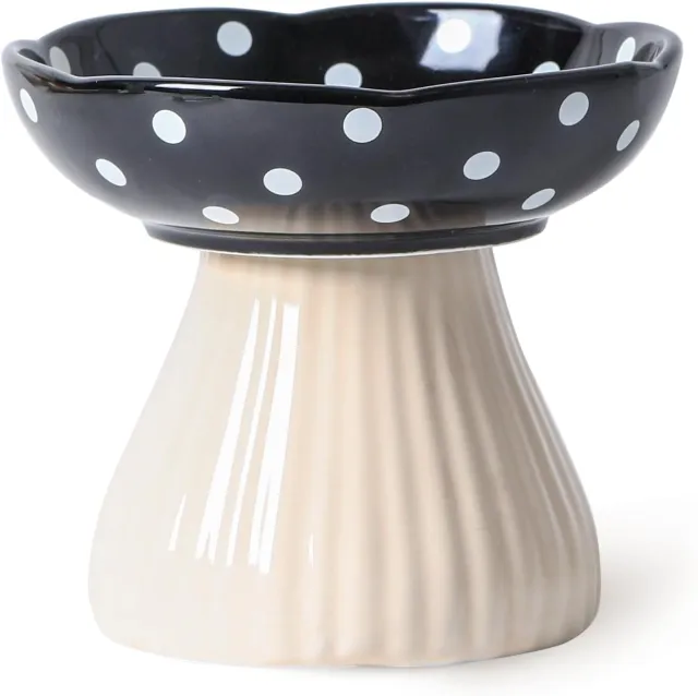Mushroom Raised Cat Bowl With Cute Polka Dot Design And Safe Ceramic Material For Small Pets Black - Shop at LoveMi