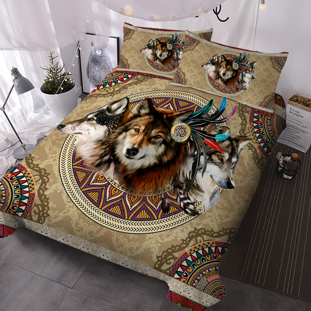 Wolf Duvet Cover Set 3 Pcs Retro Brown Tribal Boho Grid Bedding Comforter For...
