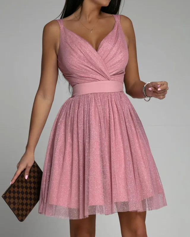 Women Elegant Glitter Sleeveless Deep V Neck Mesh Party Dress Pink - Shop at LoveMi