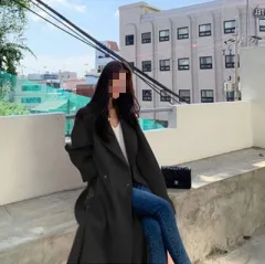 Autumn And Winter Mid-length Loose-fitting Side Slit Woolen Tweed Jacket - Black - View 1