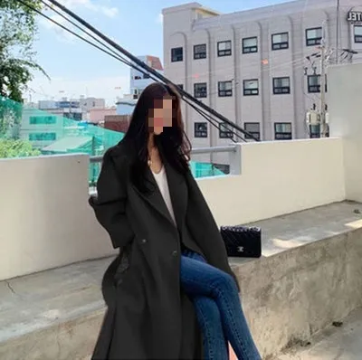 Autumn And Winter Mid length Loose fitting Side Slit Woolen Tweed Jacket Black - Shop at LoveMi