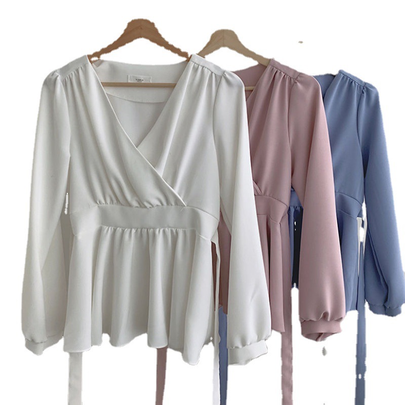 Title 5, Solid Color Waist Long-sleeved Small Shirt Blouse