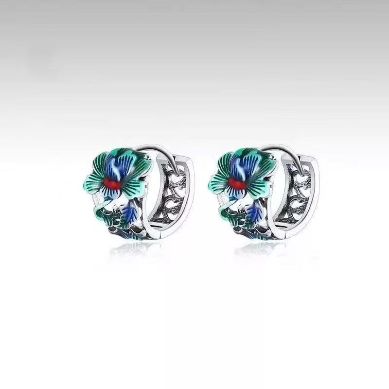 Cloisonné Peony Click Hoop Earrings