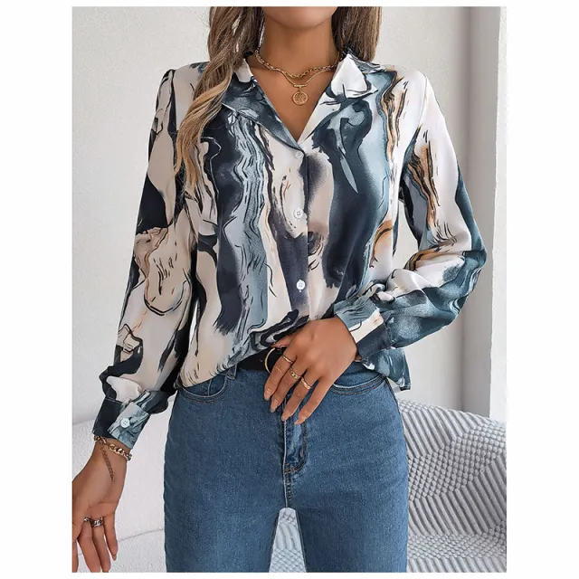 Women Fashion Button Down Shirts V Neck Printed Long Sleeve Blouses Dressy Casual Fall Tops Blue - Shop at LoveMi