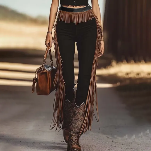 Women's Vintage Western Fringe Pants, Solid Color Slim Fit Trousers With Waist And Leg Fringe Detail Black - Shop at LoveMi