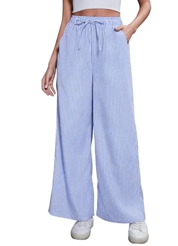 Women's Comfortable Elastic Waist Pinstripe Casual Loose Trousers Blue - Shop at LoveMi