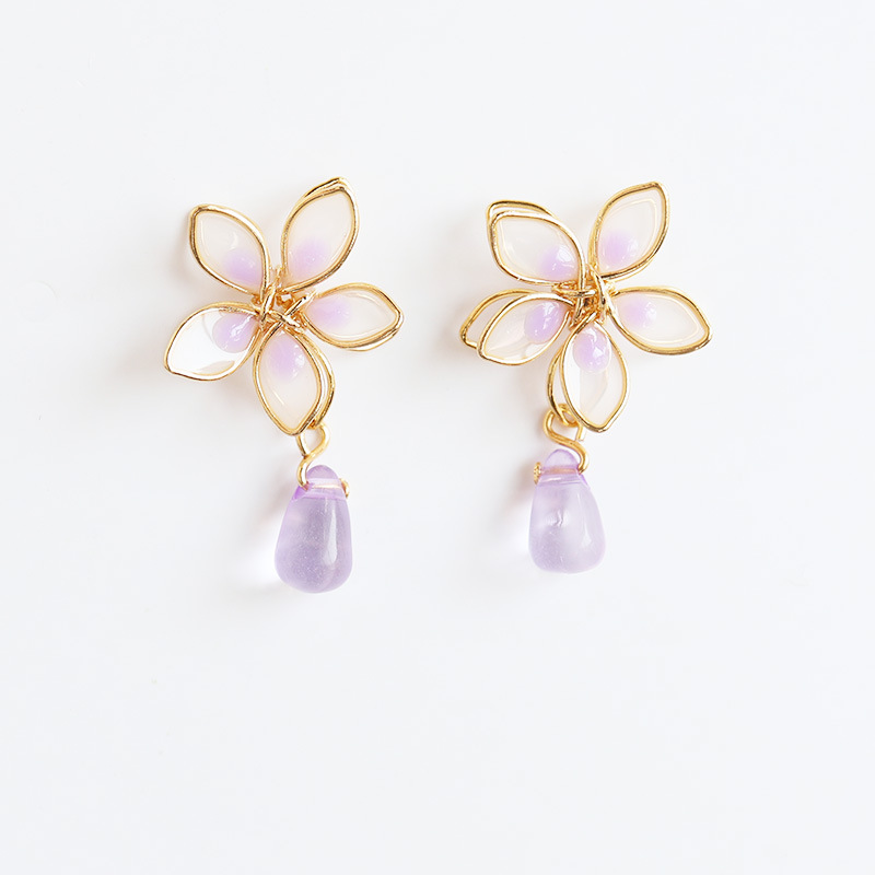 Women's Girl Cherry Blossom Enamel Drop Sterling Silver Needle Earrings