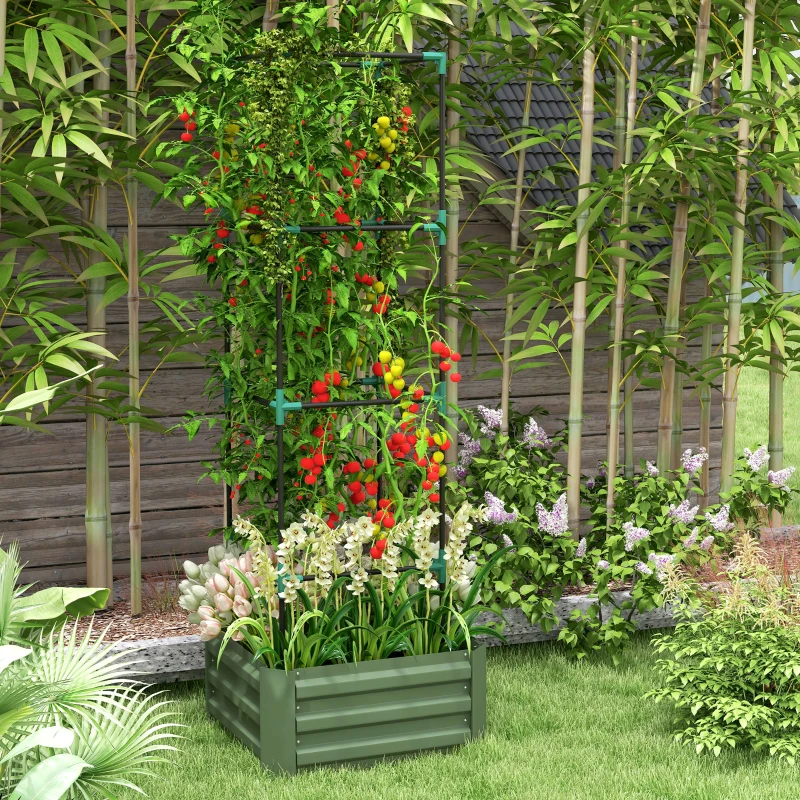 Raised Garden Bed With Tomato Cage For Climbing Vines, Green