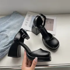 Thick Platform Mary Jane Toe Sandals Super High Heels - Black - View 1