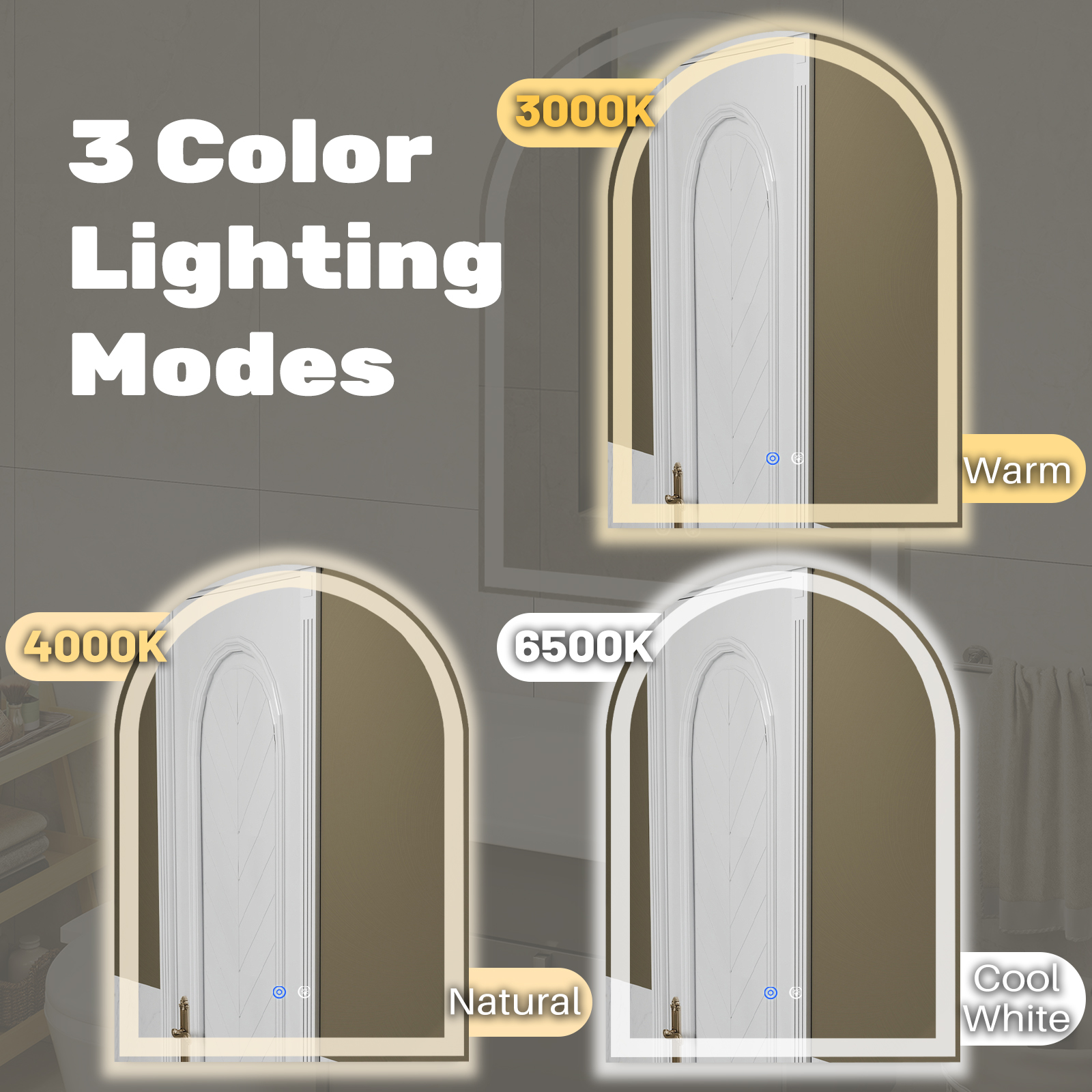 Smart Anti-fog LED Bathroom Mirror Arch Shape Dual Light 3 Color Temperatures Memory Dimming image 8