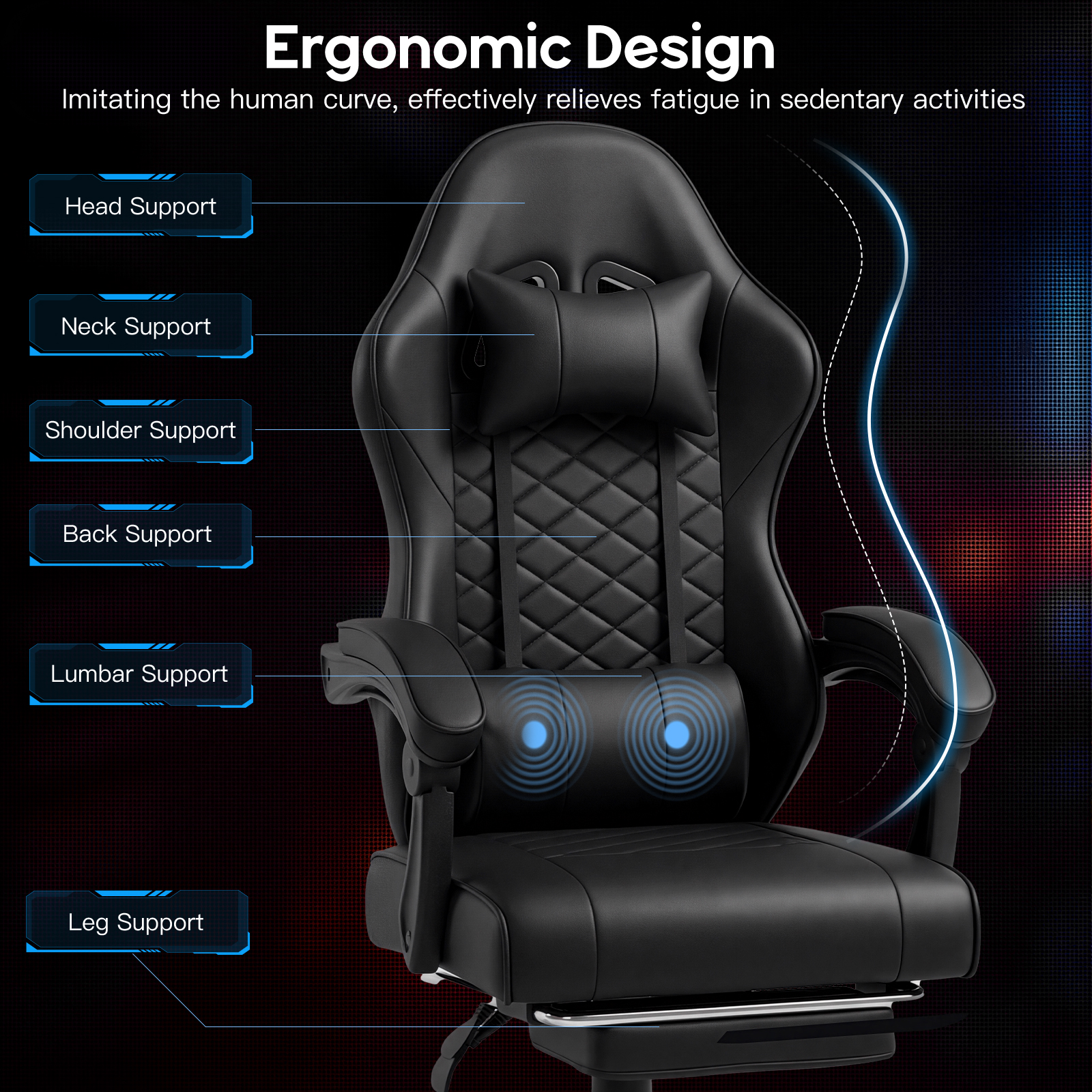 Racing Style Gaming Chair With Footrest,PU Leather,Massage Lumbar — image 6