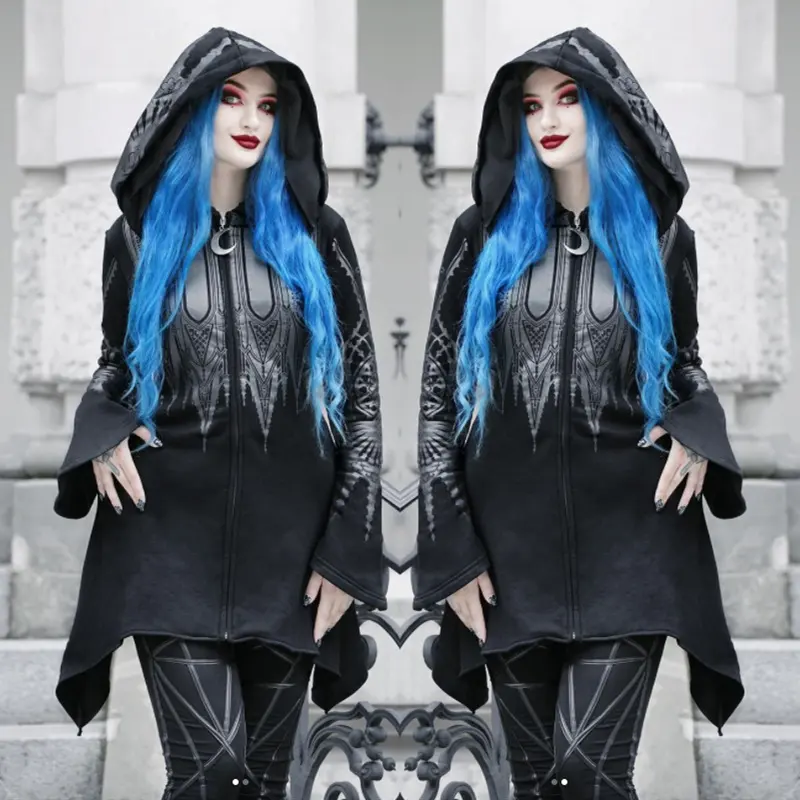 Halloween Cosplay Hoodie Women's Punk Black Long Hooded Printed