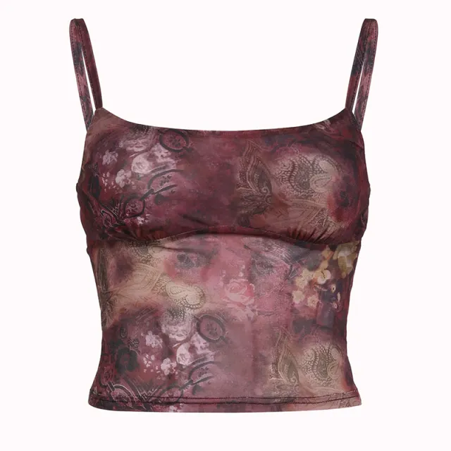 Vintage Printed Mesh See through Vest With Straps Red - Shop at LoveMi