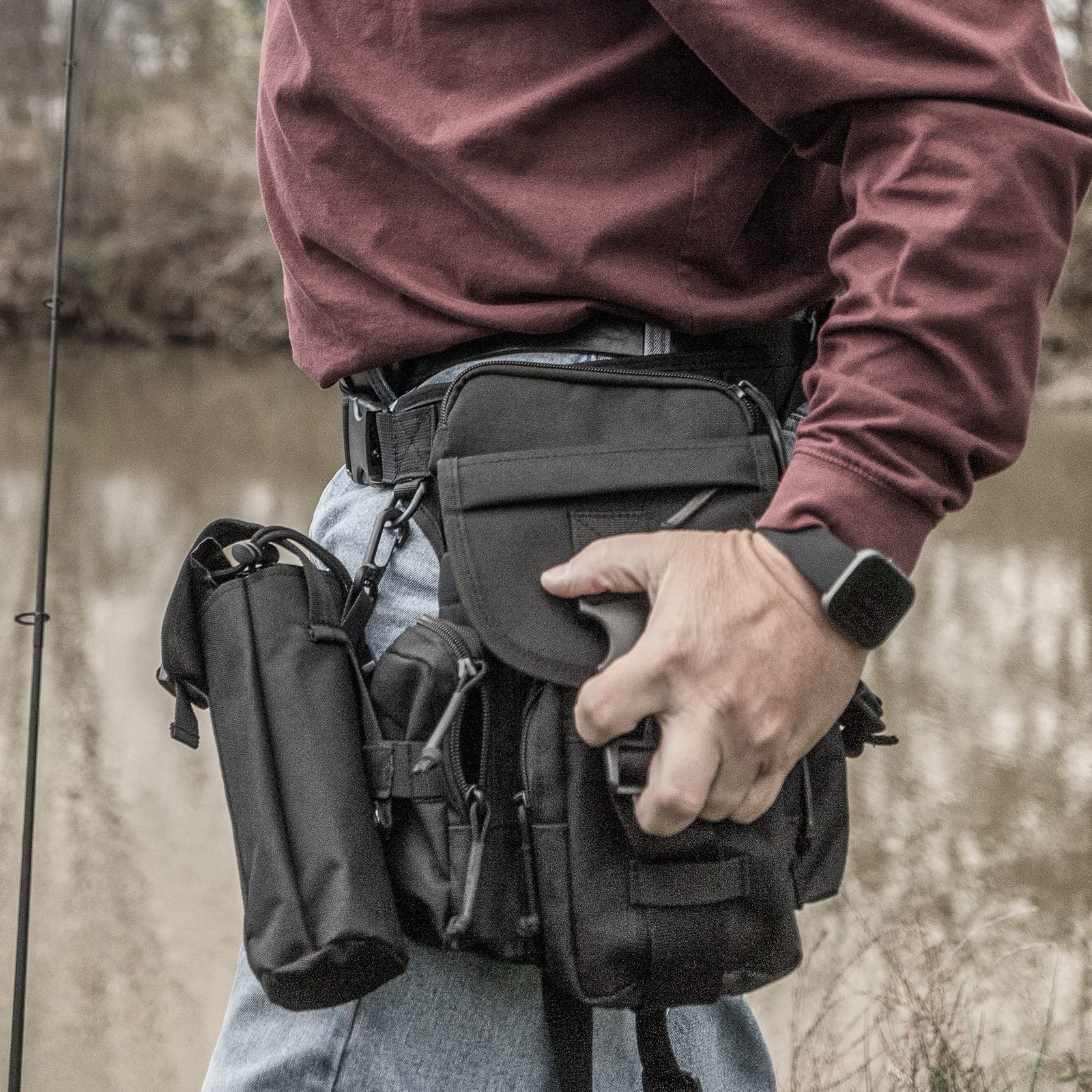 Waterproof Tactical Leg Pouch for Outdoor Activities. HIGH QUALITY: Made of 900D high density Oxford - waterproof and wear resistant. 8.3 inches wide x 11.9 inches high x 5 inches long The waist and down leg straps are adjustable to make your movements mo