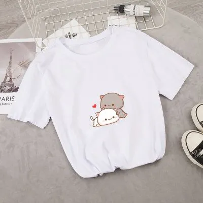 European And American Embrace Peach 3D Digital Printing Casual Round Neck Short Sleeves White - Shop at LoveMi