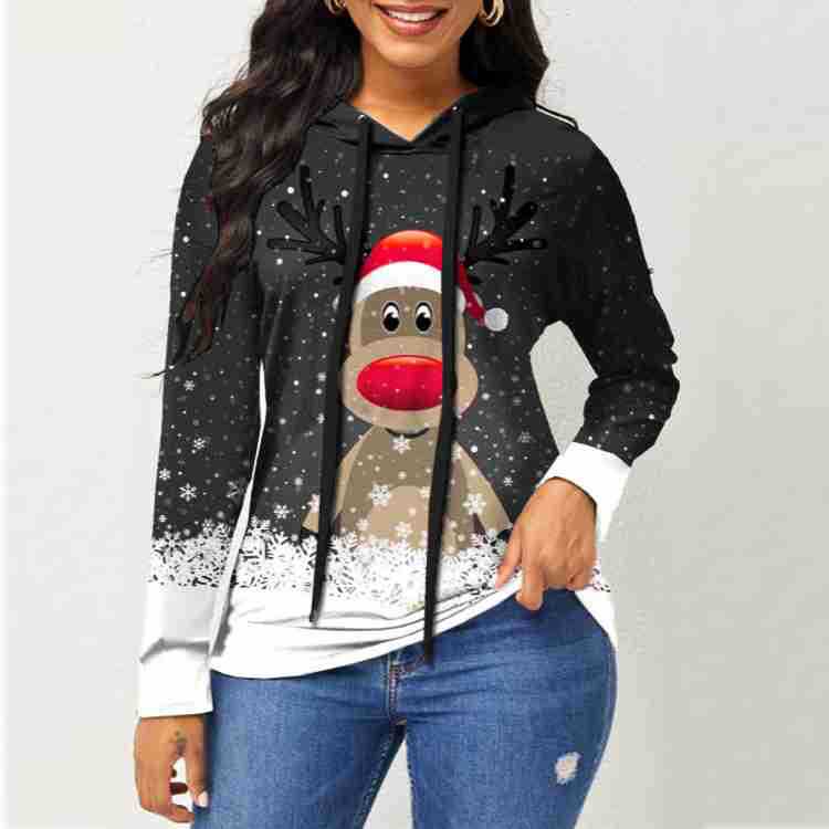 Elk Print Hooded Long Sleeve Sweatshirt