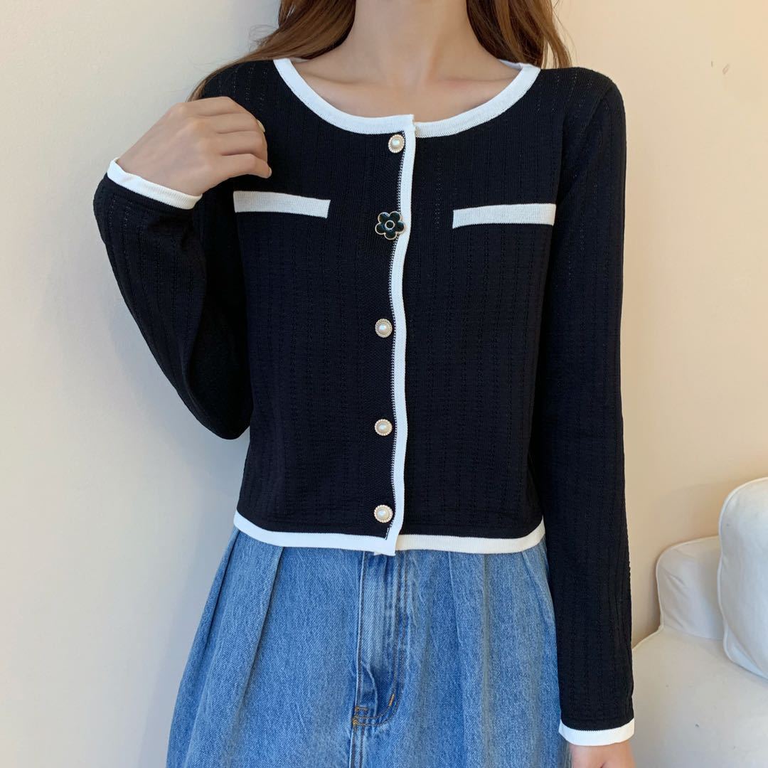 Loose Contrast Color Knitted Cardigan Single-breasted All-match Stylish Small Jacket