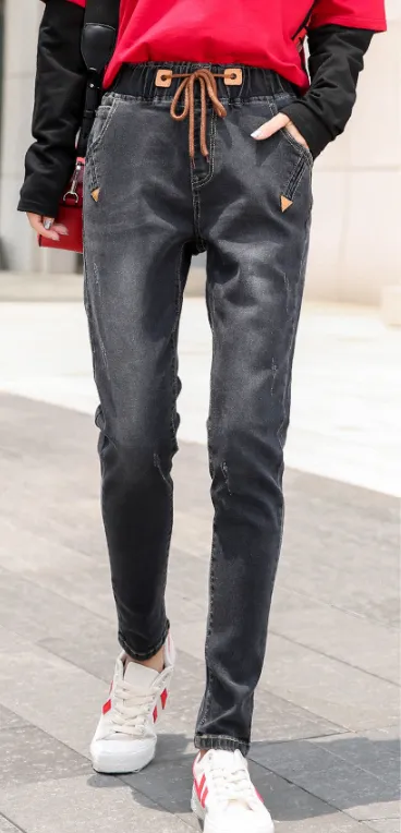 Drawstring Slimming Student Loose Harem Pants Feet Trousers Black - Shop at LoveMi